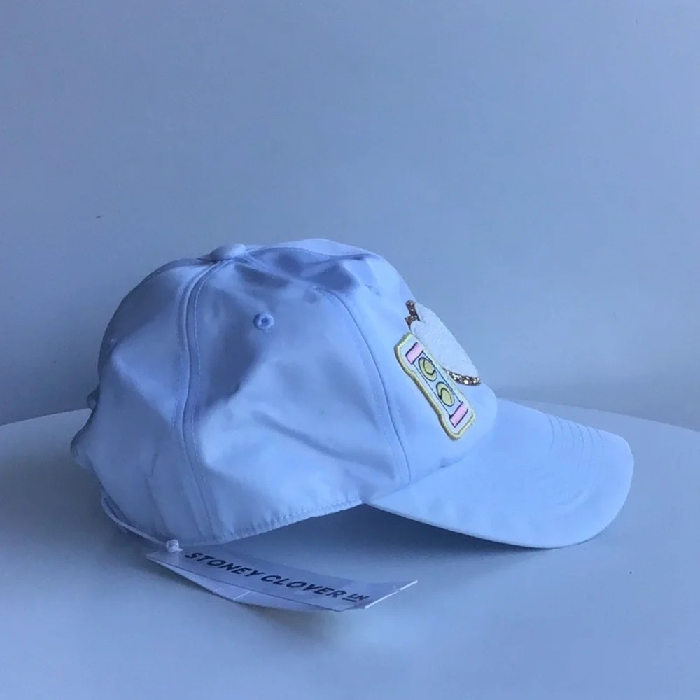 Stoney Clover Lane pastel baby blue nylon baseball cap I heart tennis racket
